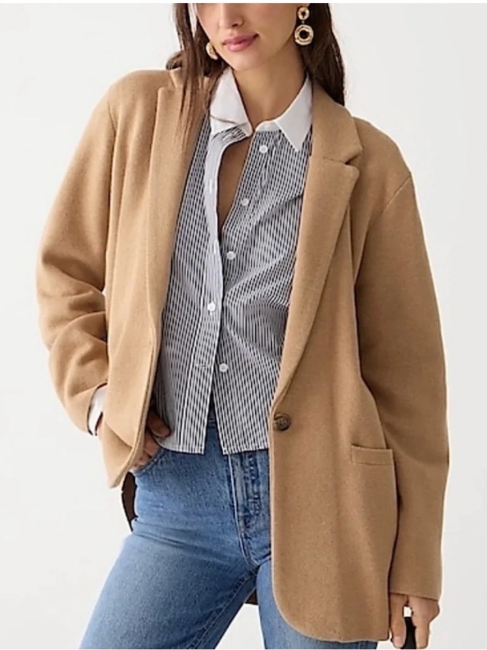 J. Crew Cecile Relaxed Knit Sweater Blazer One-Button Heather Khaki Camel XS